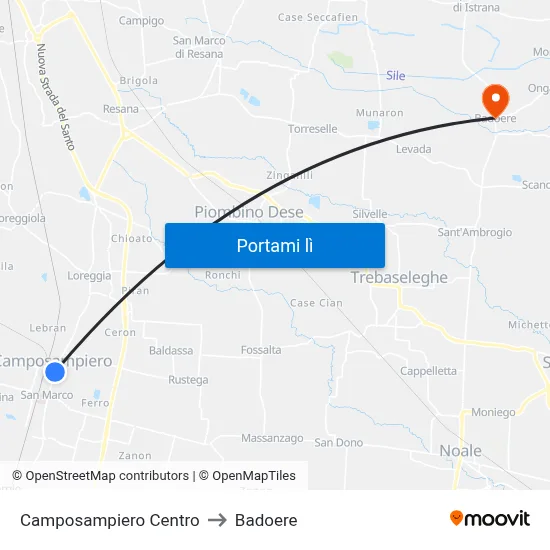 Camposampiero Centro to Badoere map
