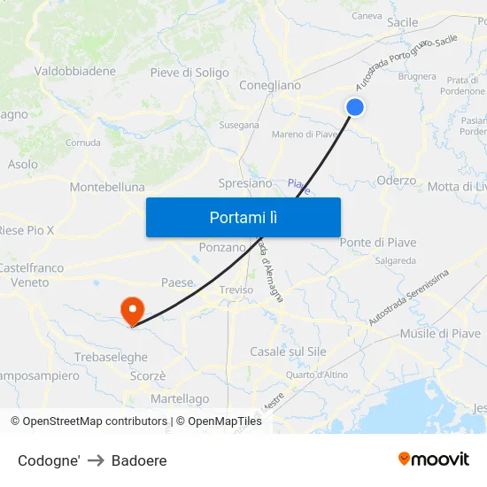 Codogne' to Badoere map