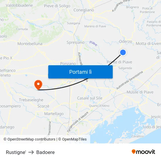 Rustigne' to Badoere map