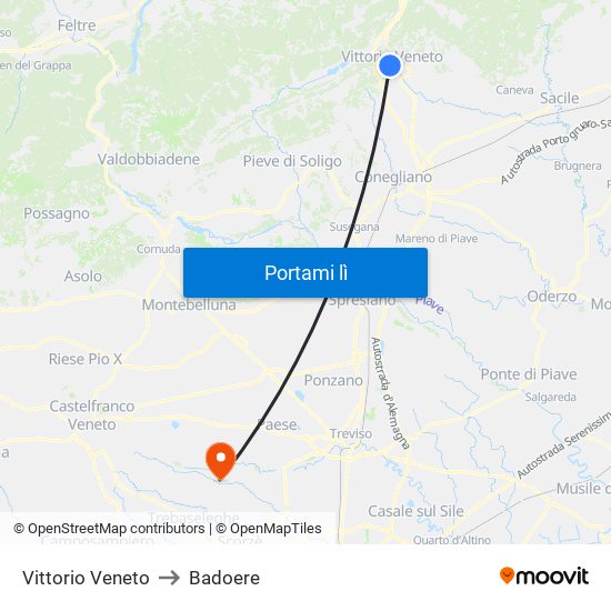 Vittorio Veneto to Badoere map