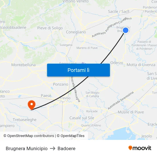 Brugnera Municipio to Badoere map