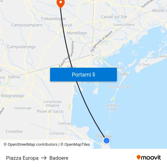 Piazza Europa to Badoere map