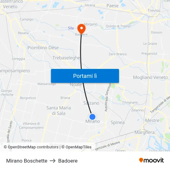 Mirano Boschette to Badoere map