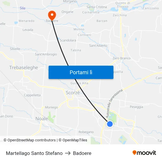 Martellago Santo Stefano to Badoere map