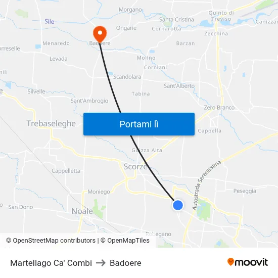 Martellago Ca' Combi to Badoere map