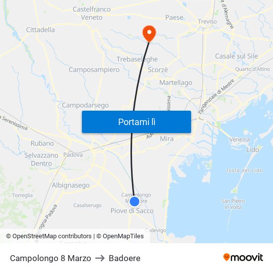 Campolongo 8 Marzo to Badoere map