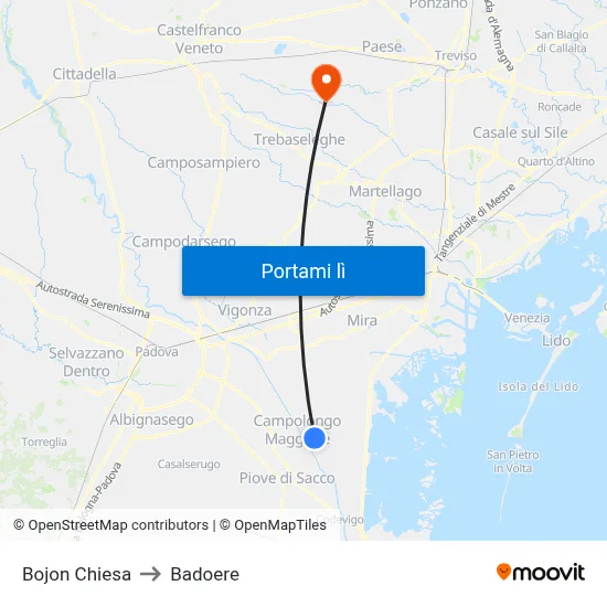 Bojon Chiesa to Badoere map