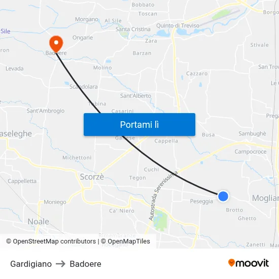 Gardigiano to Badoere map
