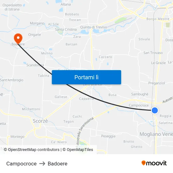 Campocroce to Badoere map