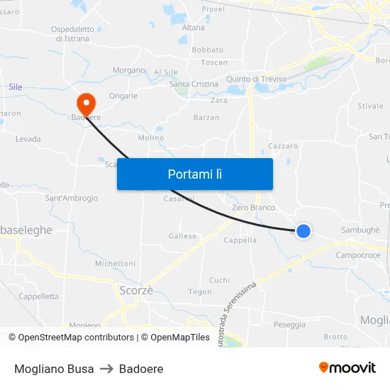 Mogliano Busa to Badoere map