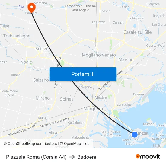 Piazzale Roma (Corsia A4) to Badoere map