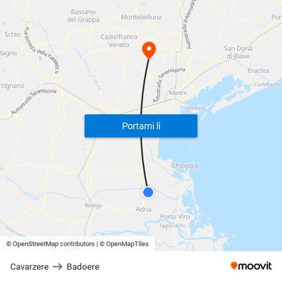 Cavarzere to Badoere map