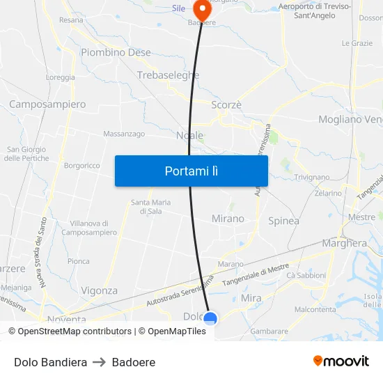 Dolo Bandiera to Badoere map