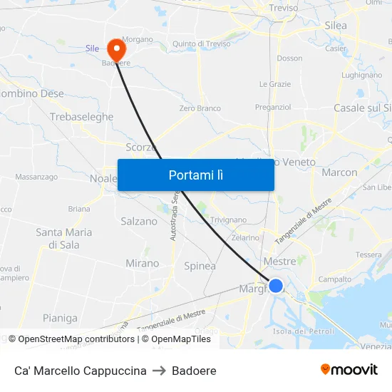 Ca' Marcello Cappuccina to Badoere map