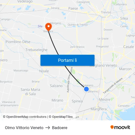 Olmo Vittorio Veneto to Badoere map
