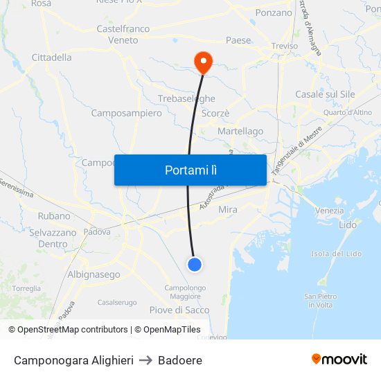 Camponogara Alighieri to Badoere map