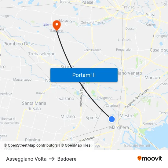 Asseggiano Volta to Badoere map