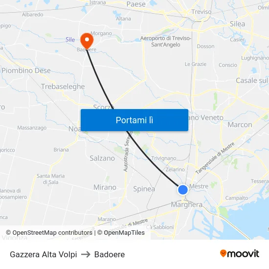 Gazzera Alta Volpi to Badoere map