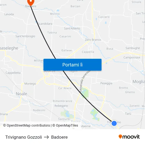 Trivignano Gozzoli to Badoere map