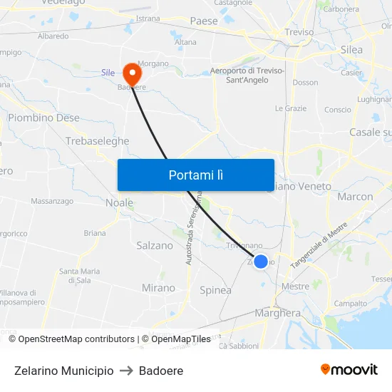 Zelarino Municipio to Badoere map