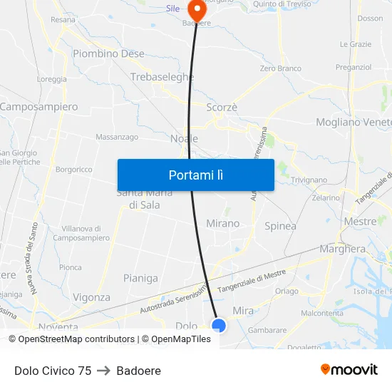 Dolo Civico 75 to Badoere map