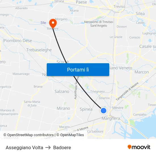 Asseggiano Volta to Badoere map