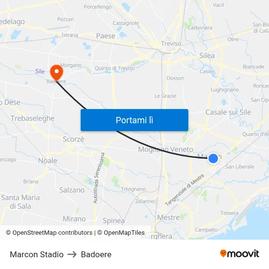 Marcon Stadio to Badoere map