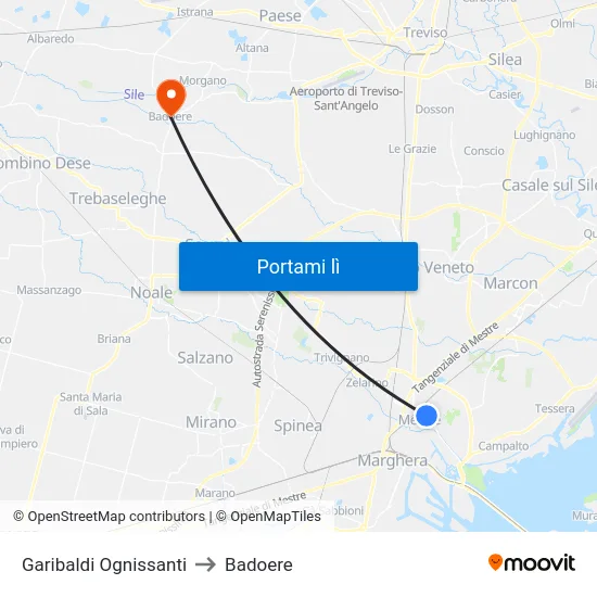 Garibaldi Ognissanti to Badoere map