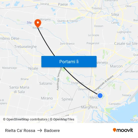 Rielta Ca' Rossa to Badoere map