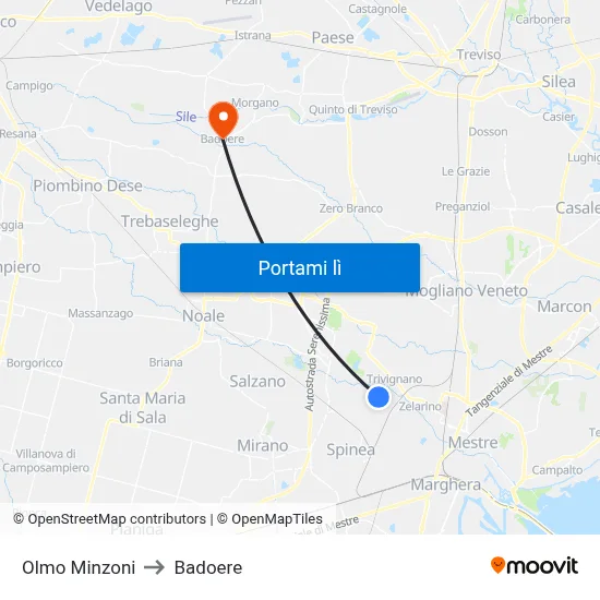 Olmo Minzoni to Badoere map