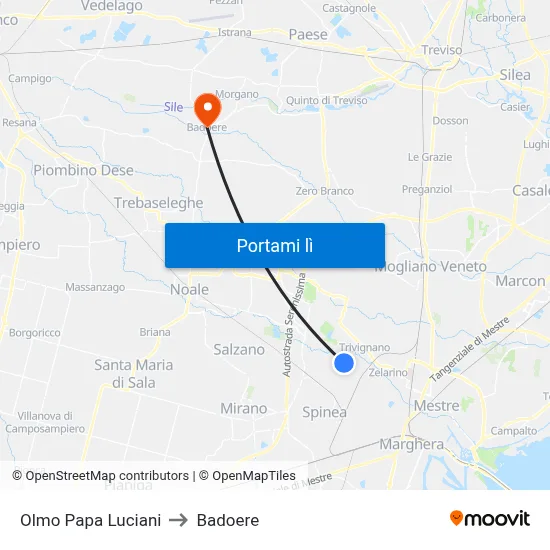 Olmo Papa Luciani to Badoere map