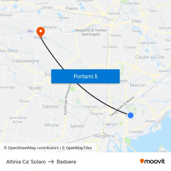 Altinia Ca' Solaro to Badoere map