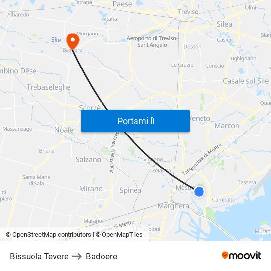 Bissuola Tevere to Badoere map