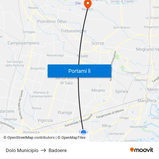 Dolo Municipio to Badoere map