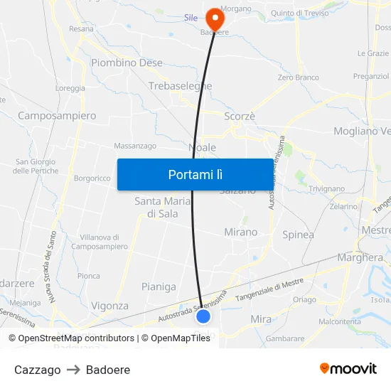 Cazzago to Badoere map