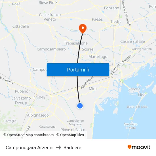 Camponogara Arzerini to Badoere map