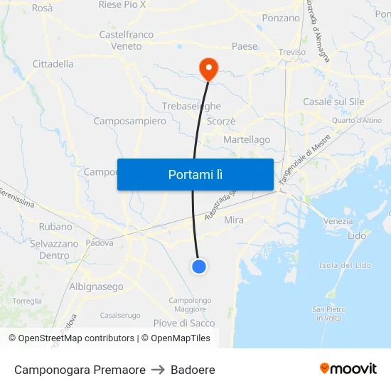 Camponogara Premaore to Badoere map