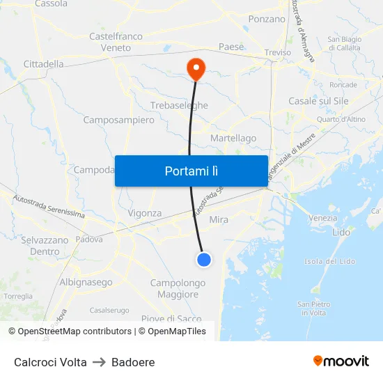 Calcroci Volta to Badoere map