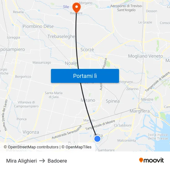 Mira Alighieri to Badoere map