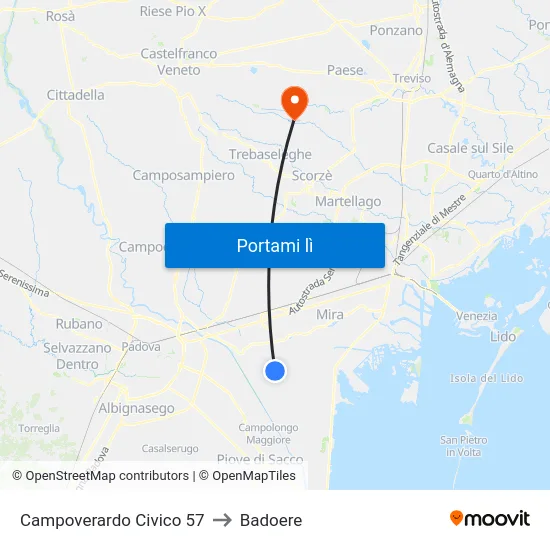 Campoverardo Civico 57 to Badoere map