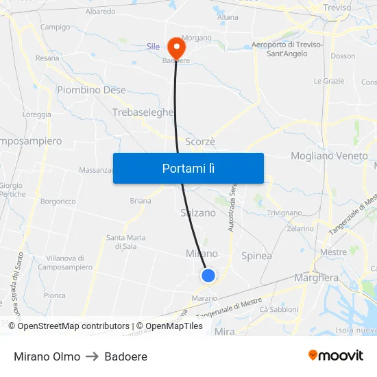 Mirano Olmo to Badoere map