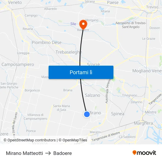 Mirano Matteotti to Badoere map