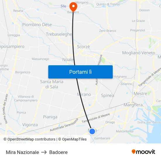 Mira Nazionale to Badoere map