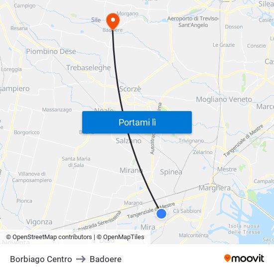 Borbiago Centro to Badoere map