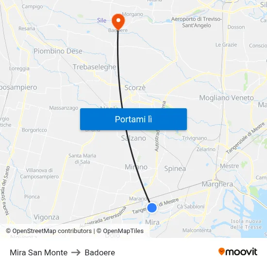 Mira San Monte to Badoere map