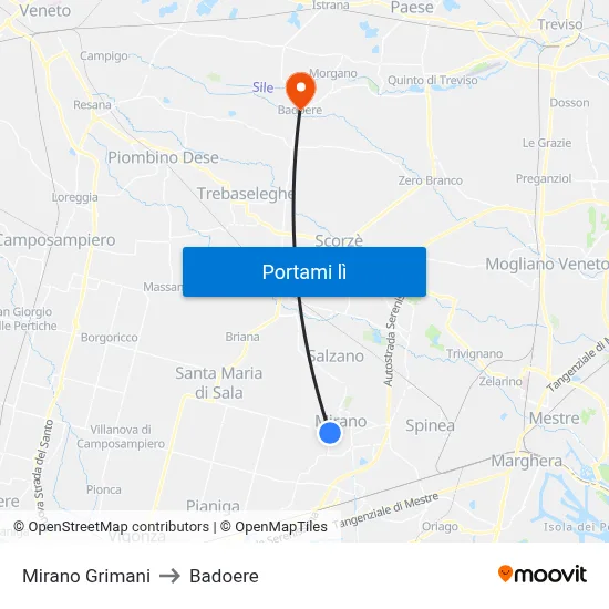 Mirano Grimani to Badoere map