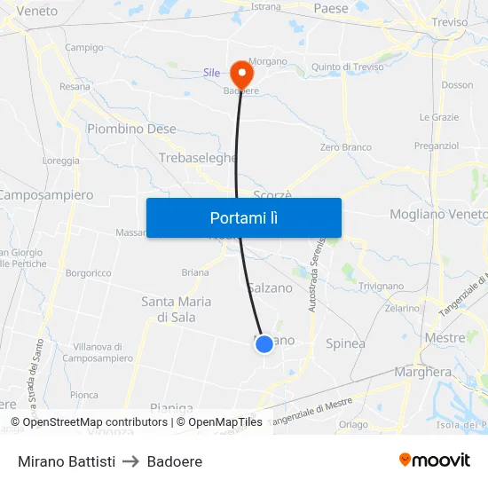 Mirano Battisti to Badoere map
