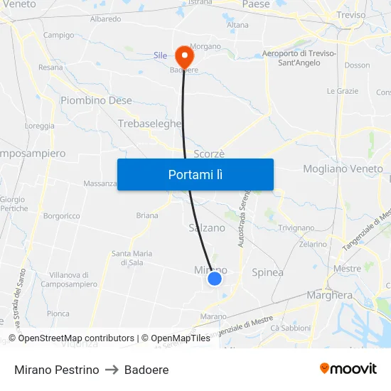 Mirano Pestrino to Badoere map