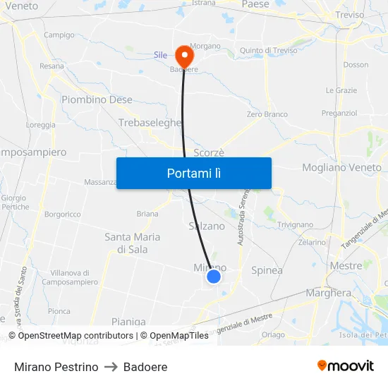 Mirano Pestrino to Badoere map