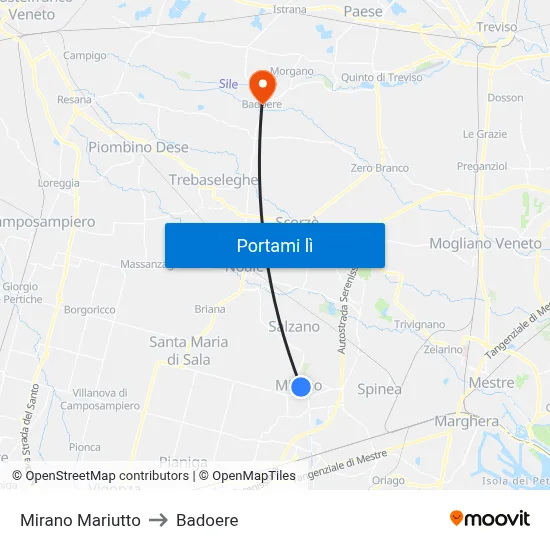 Mirano Mariutto to Badoere map